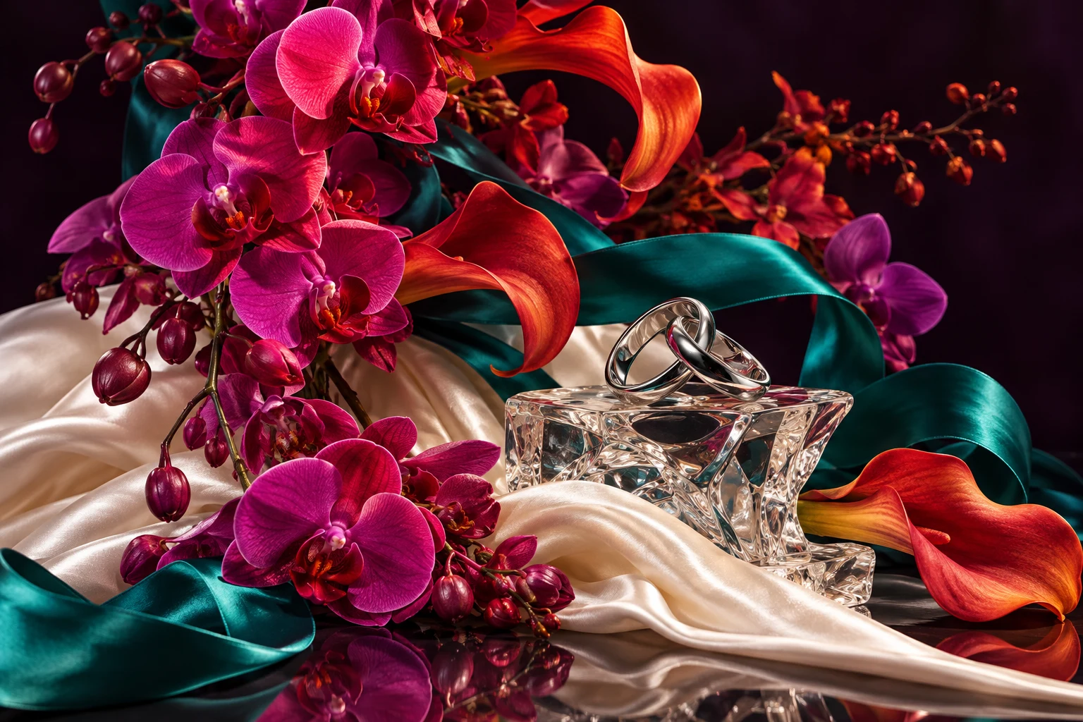 Magenta orchids and orange calla lilies with teal silk