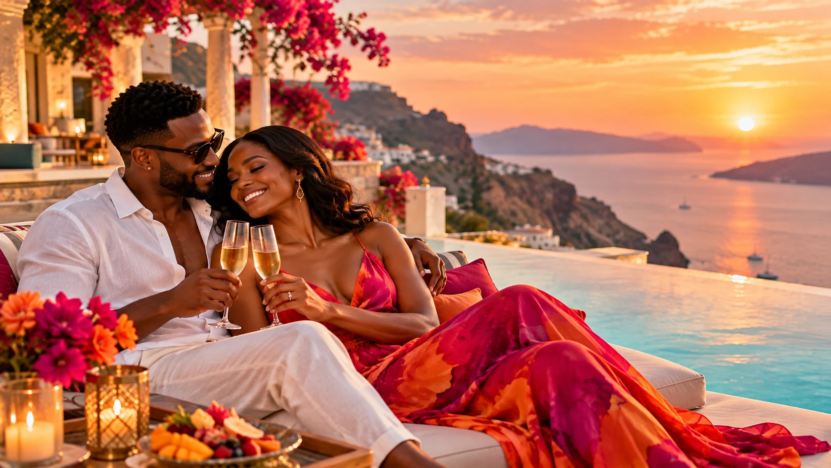 A newlywed couple celebrating with champagne beside an infinity pool at sunset