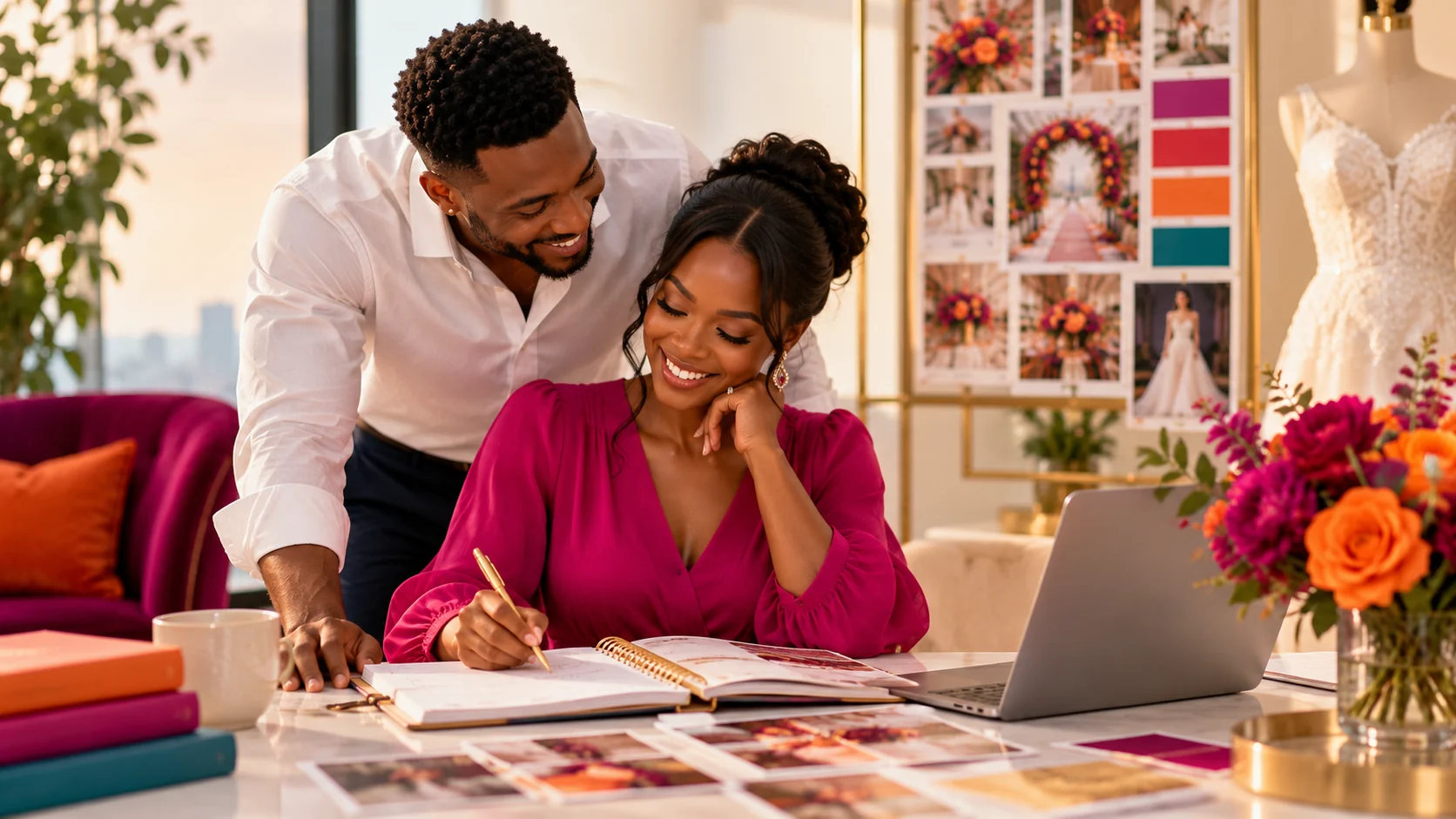 A couple planning their wedding together beside a laptop and colorful vision board