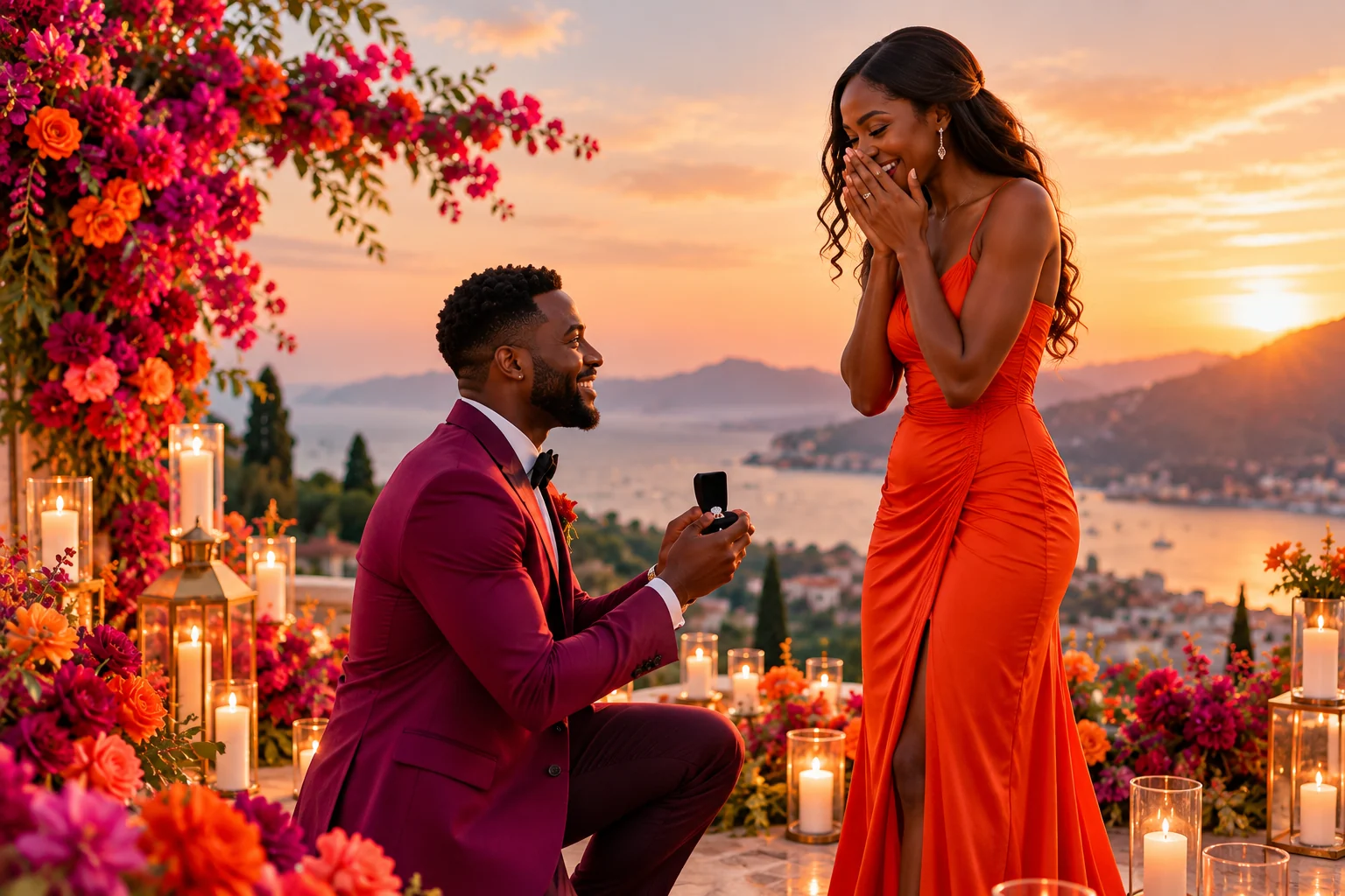 A sunset proposal beneath a vibrant floral arch