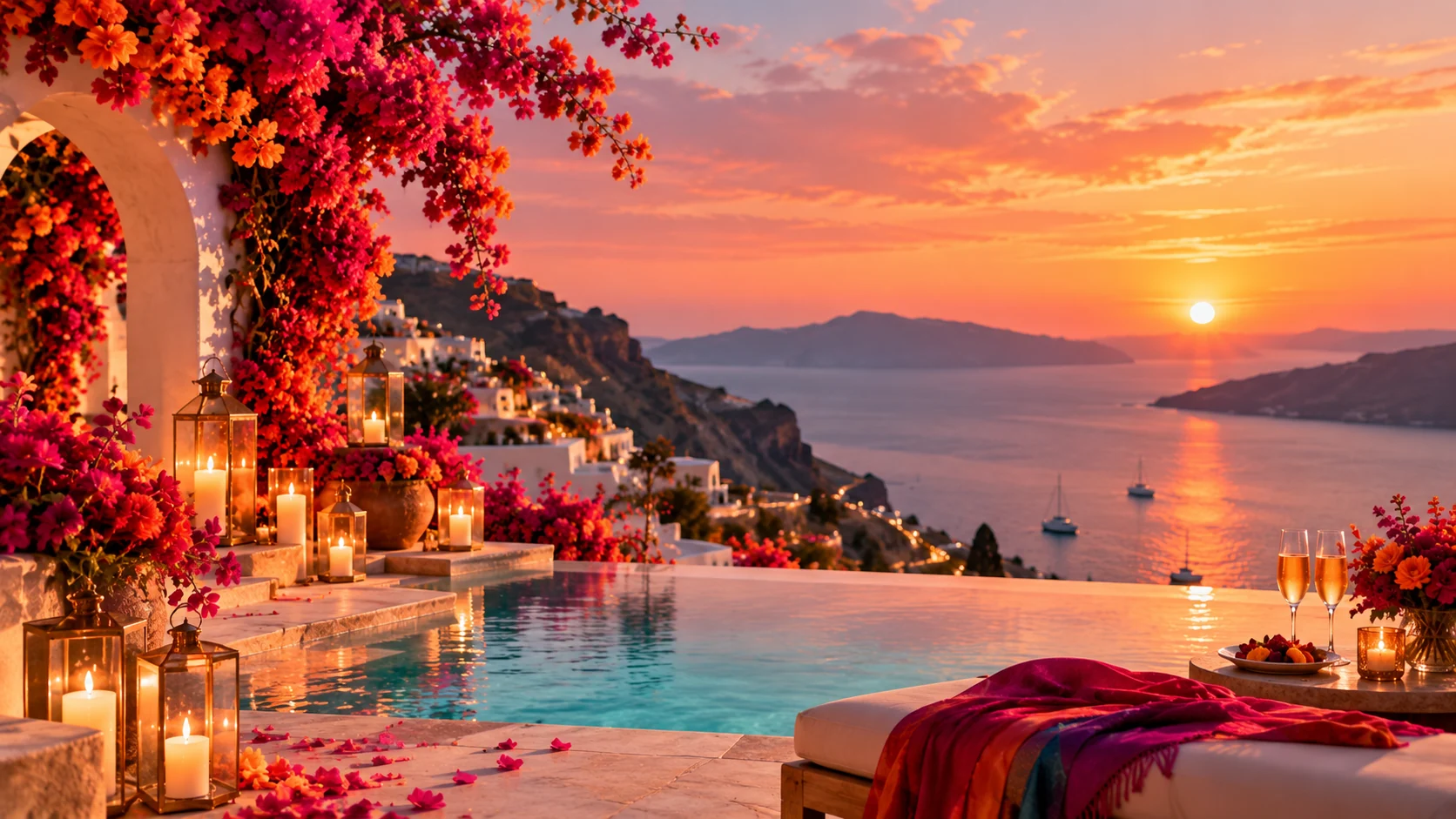 Bougainvillea and candles surrounding a seaside infinity pool at sunset