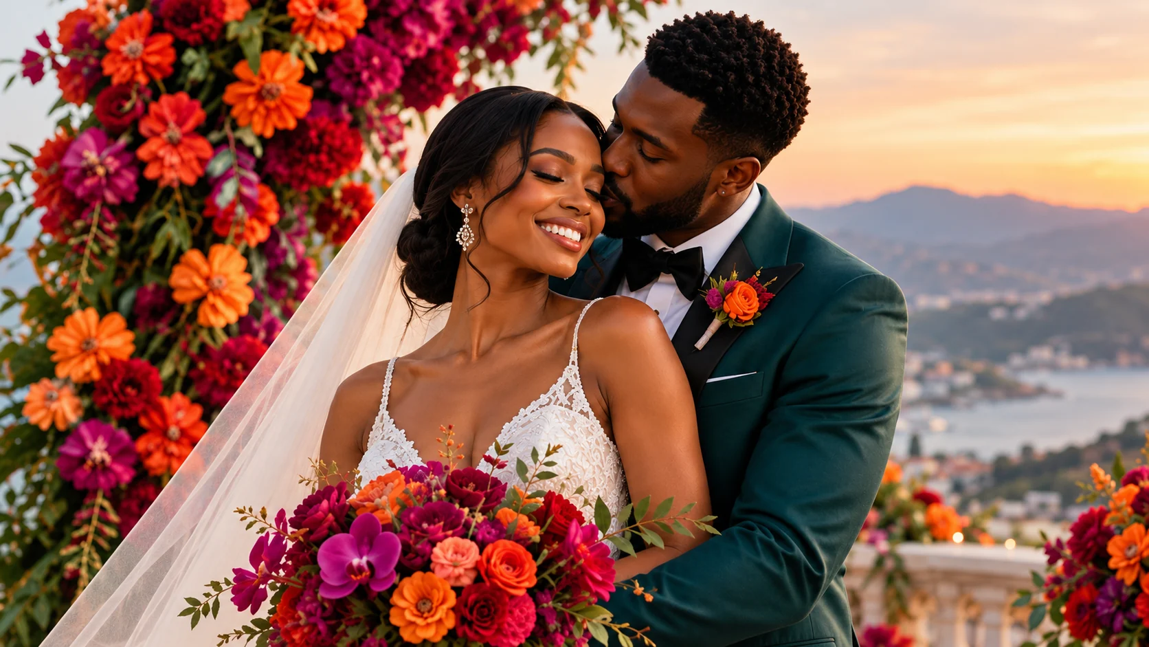A bride and groom embracing beneath vibrant magenta and orange wedding flowers at sunset